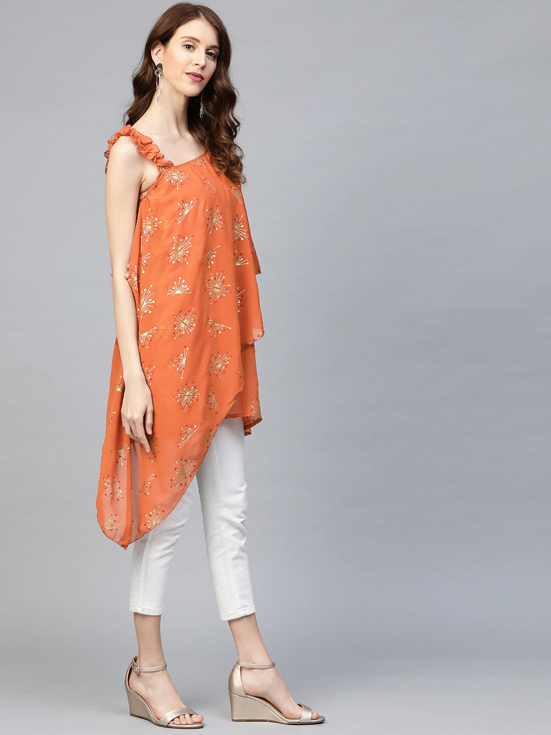 Women's Rust Orange & Golden Printed One Sleeve Asymmetric Layered Tuni