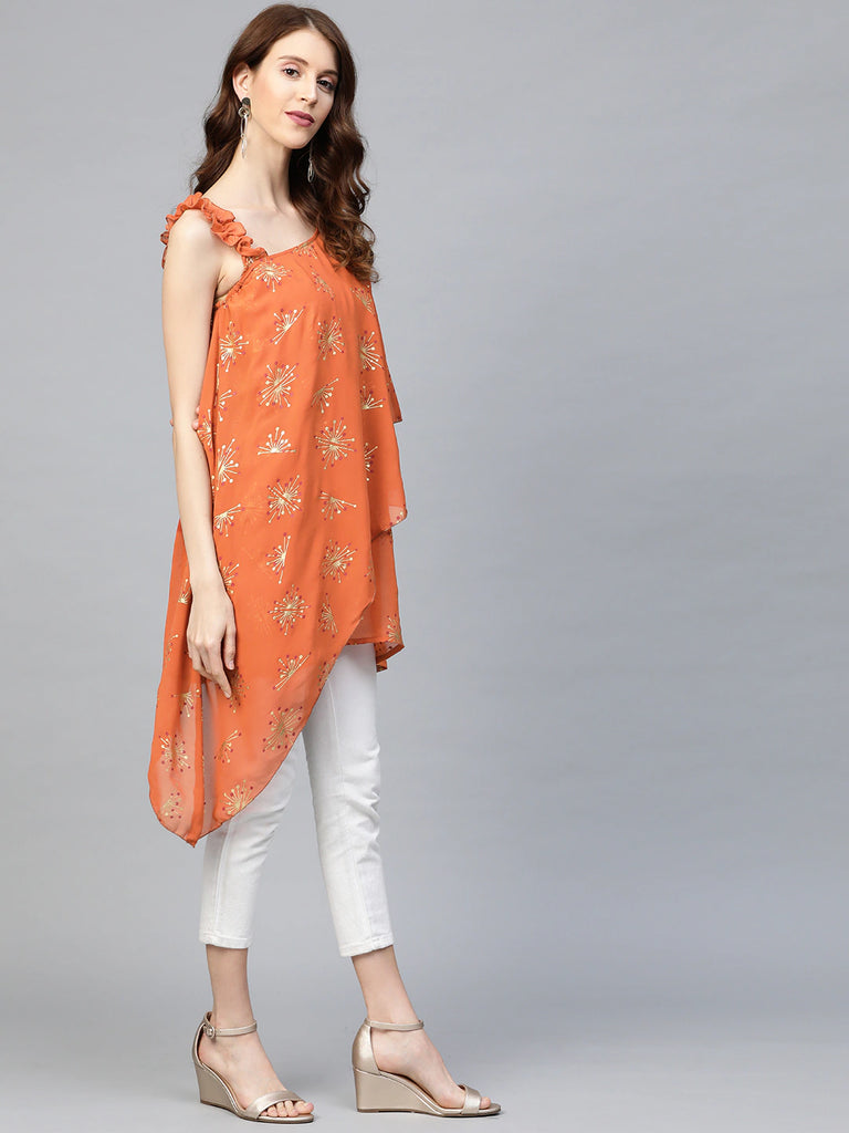 Women's Rust Orange & Golden Printed One Sleeve Asymmetric Layered Tuni