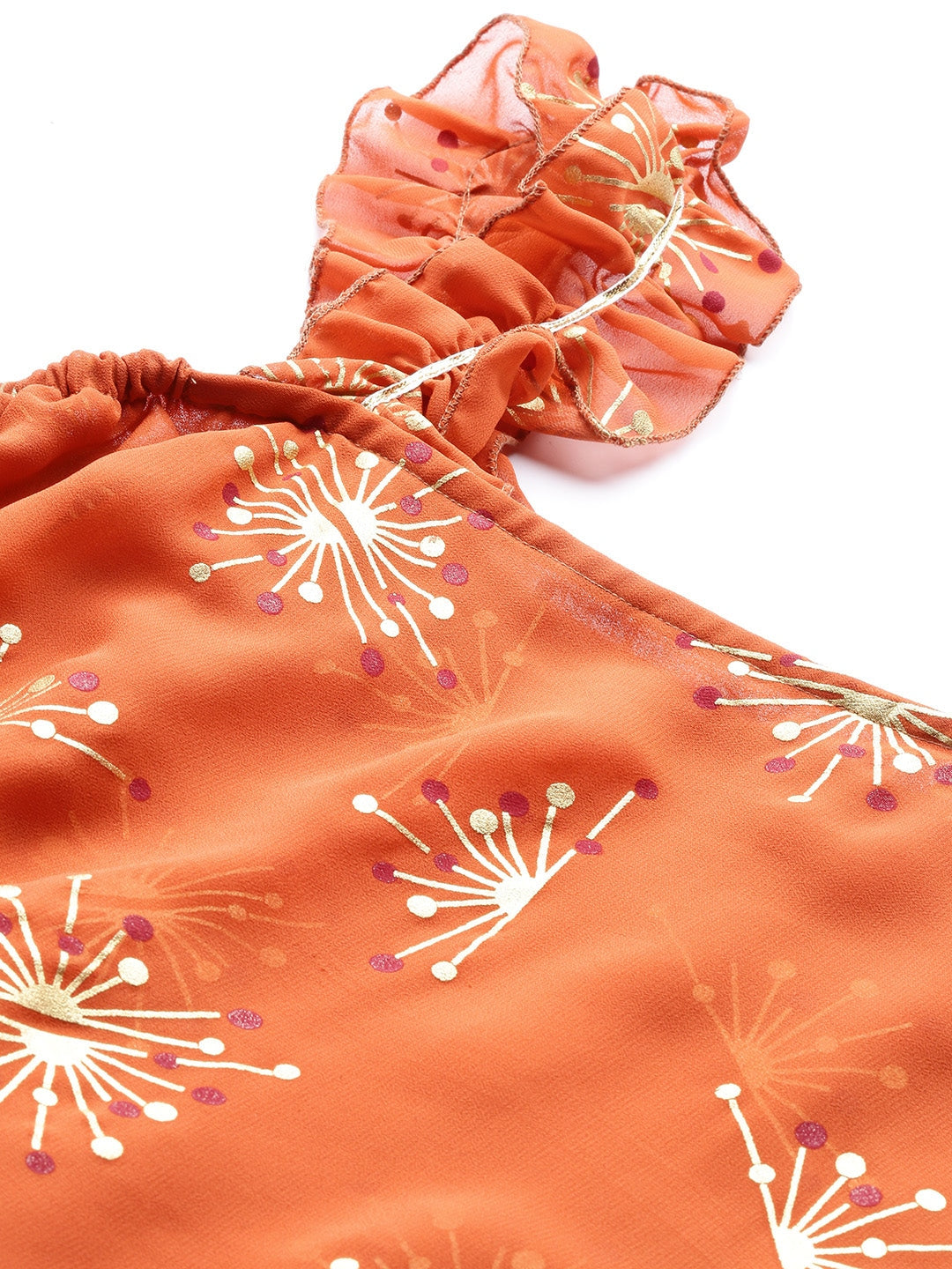 Women's Rust Orange & Golden Printed One Sleeve Asymmetric Layered Tunic- Ahalyaa