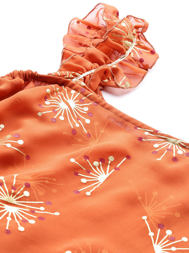 Women's Rust Orange & Golden Printed One Sleeve Asymmetric Layered Tuni