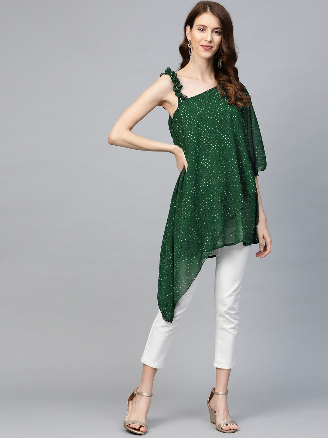 Women's Green & Golden Printed One Sleeve Asymmetric Layered Tunic- Ahalyaa