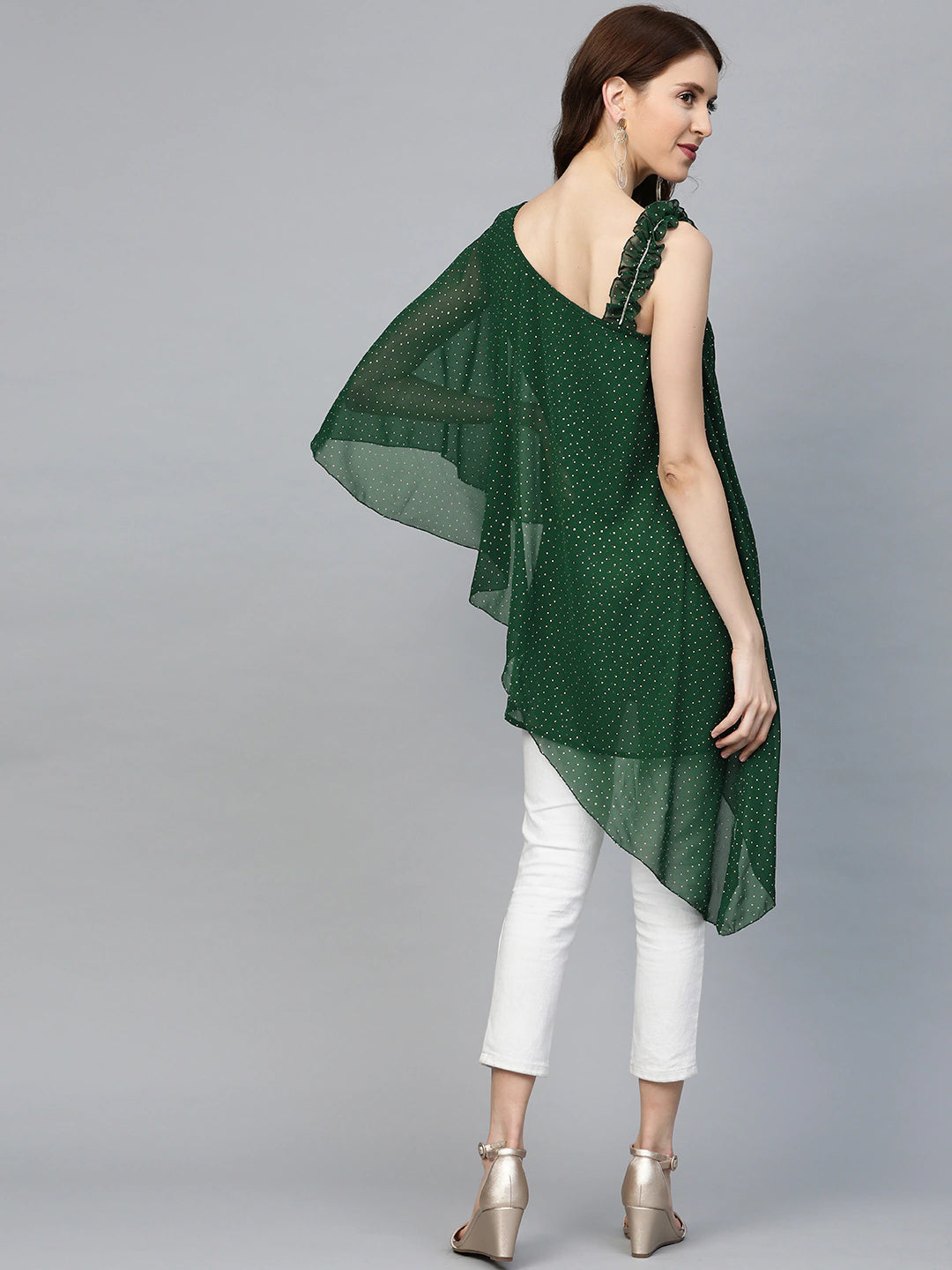 Women's Green & Golden Printed One Sleeve Asymmetric Layered Tunic- Ahalyaa