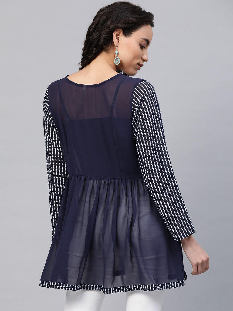 Women's Navy Blue Georgette Khari Print Tuni