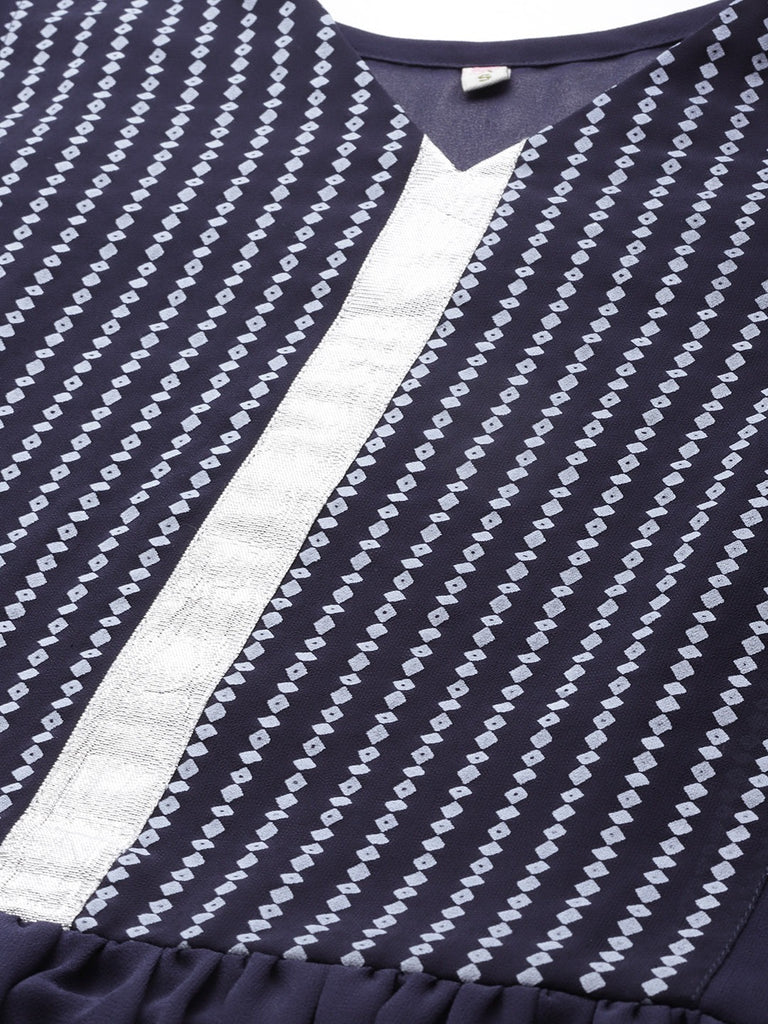 Women's Navy Blue Georgette Khari Print Tuni