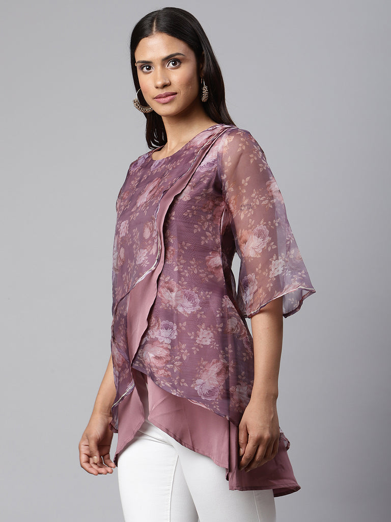 Women's Mauve Organza Digital Printed Tunic