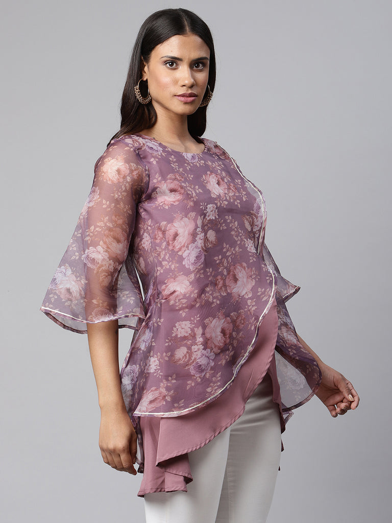 Women's Mauve Organza Digital Printed Tunic