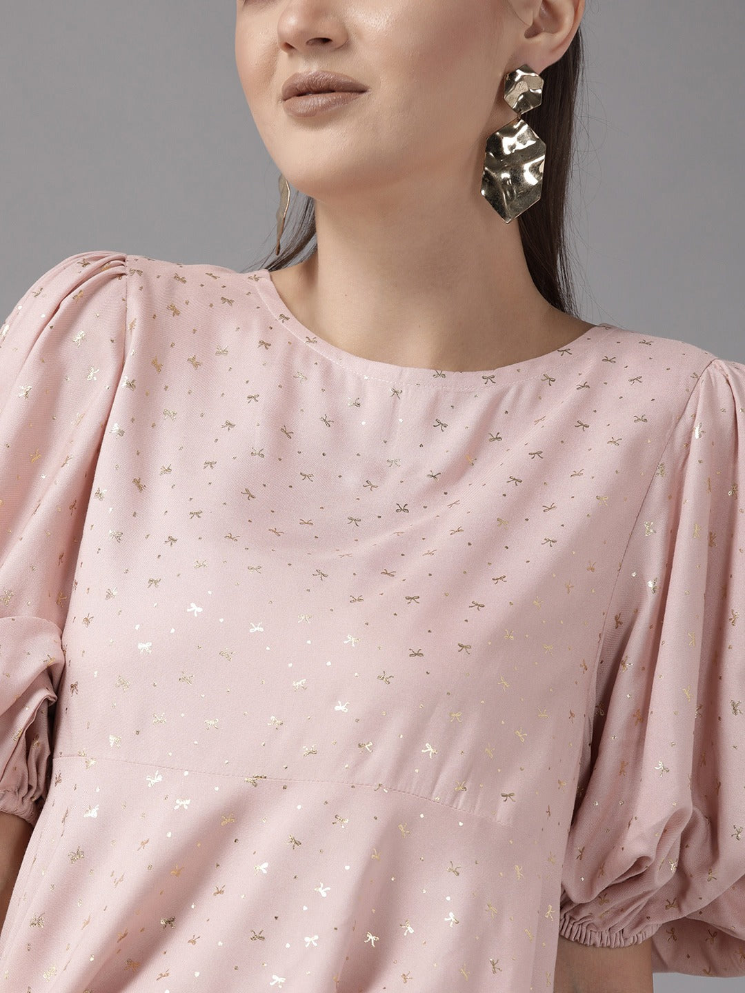 Women's Pink Rayon Gold Foil Print Tunic- Ahalyaa