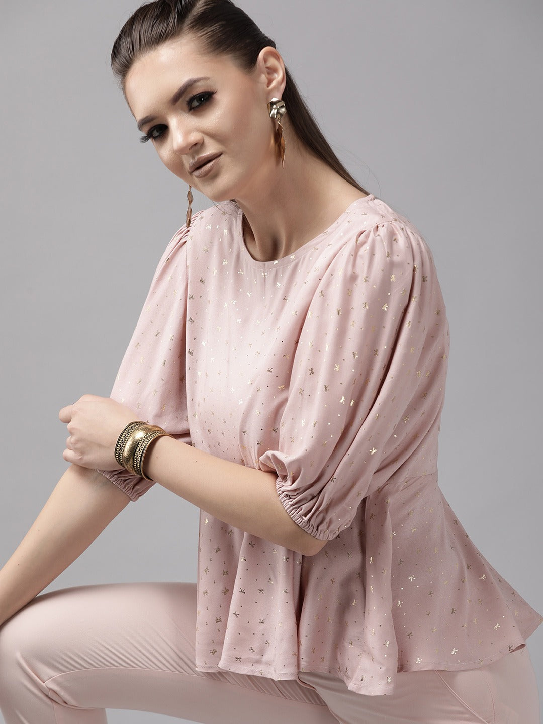 Women's Pink Rayon Gold Foil Print Tunic- Ahalyaa
