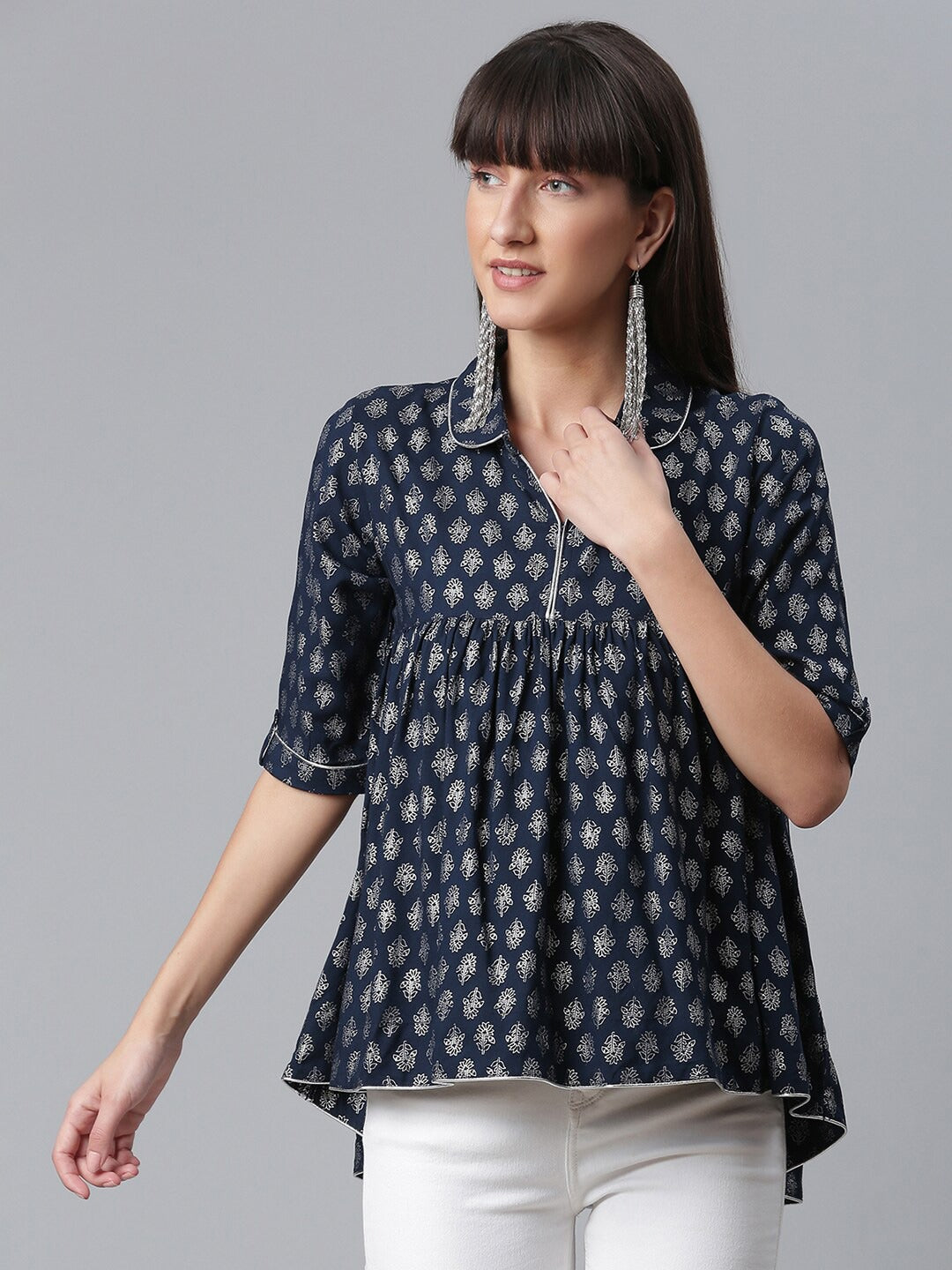 Women's Navy Blue Rayon Silver Foil Printed Tuni