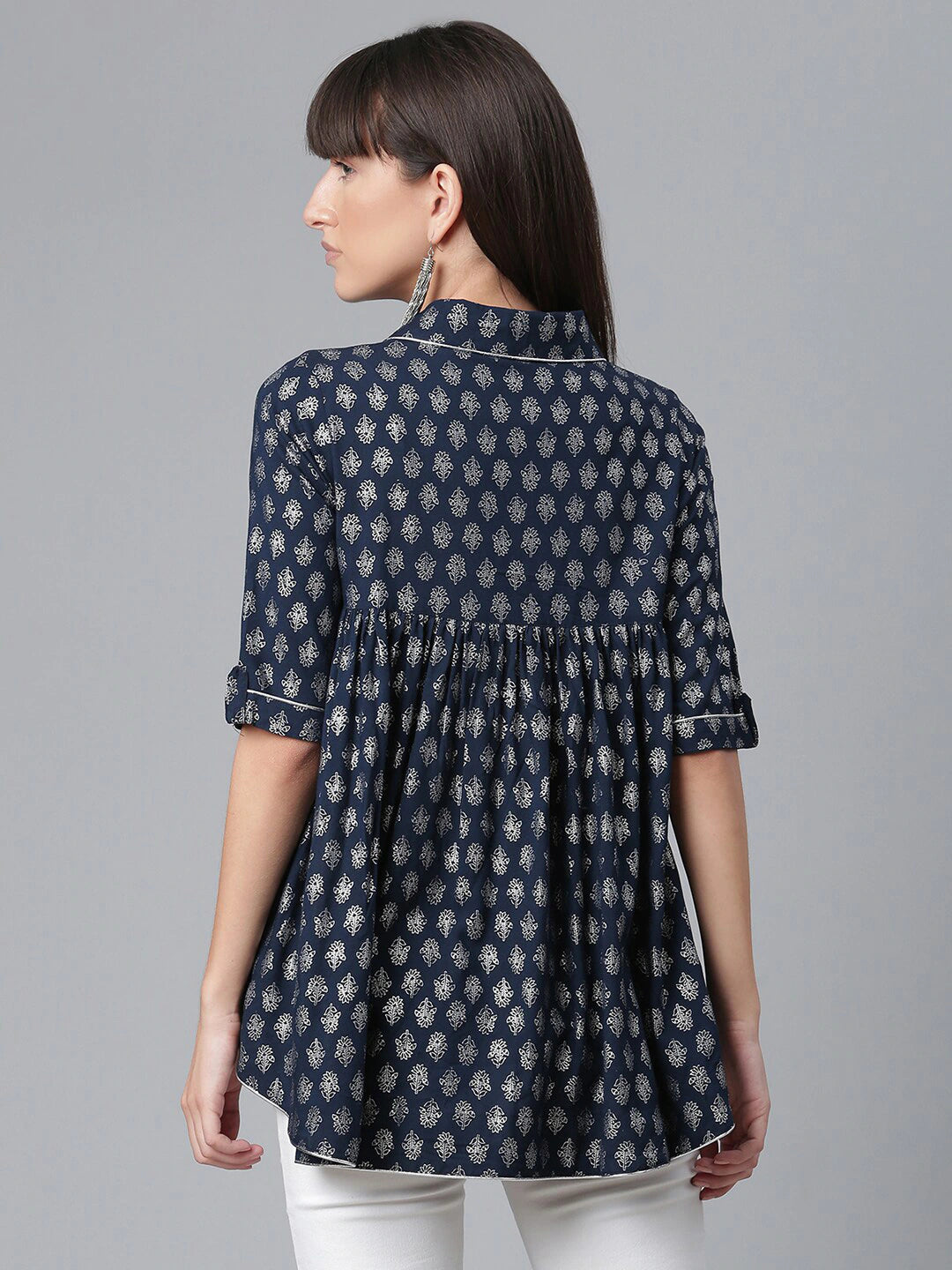 Women's Navy Blue Rayon Silver Foil Printed Tuni