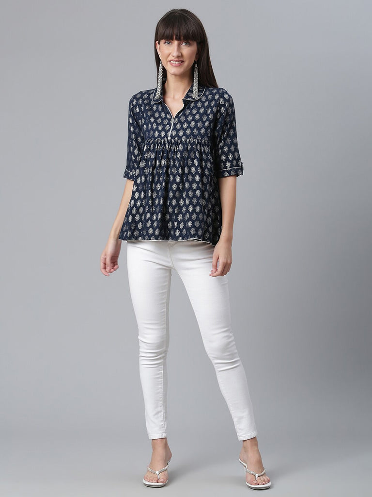 Women's Navy Blue Rayon Silver Foil Printed Tuni