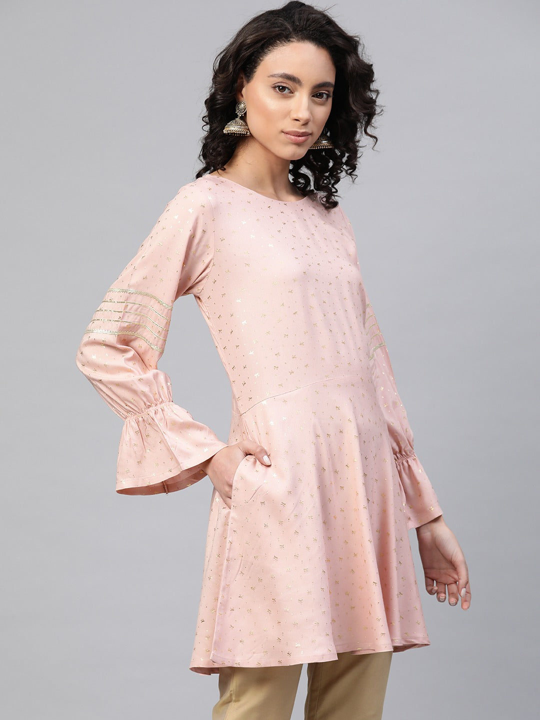Women's Pink Rayon Golden Ethnic Print Tunic- Ahalyaa