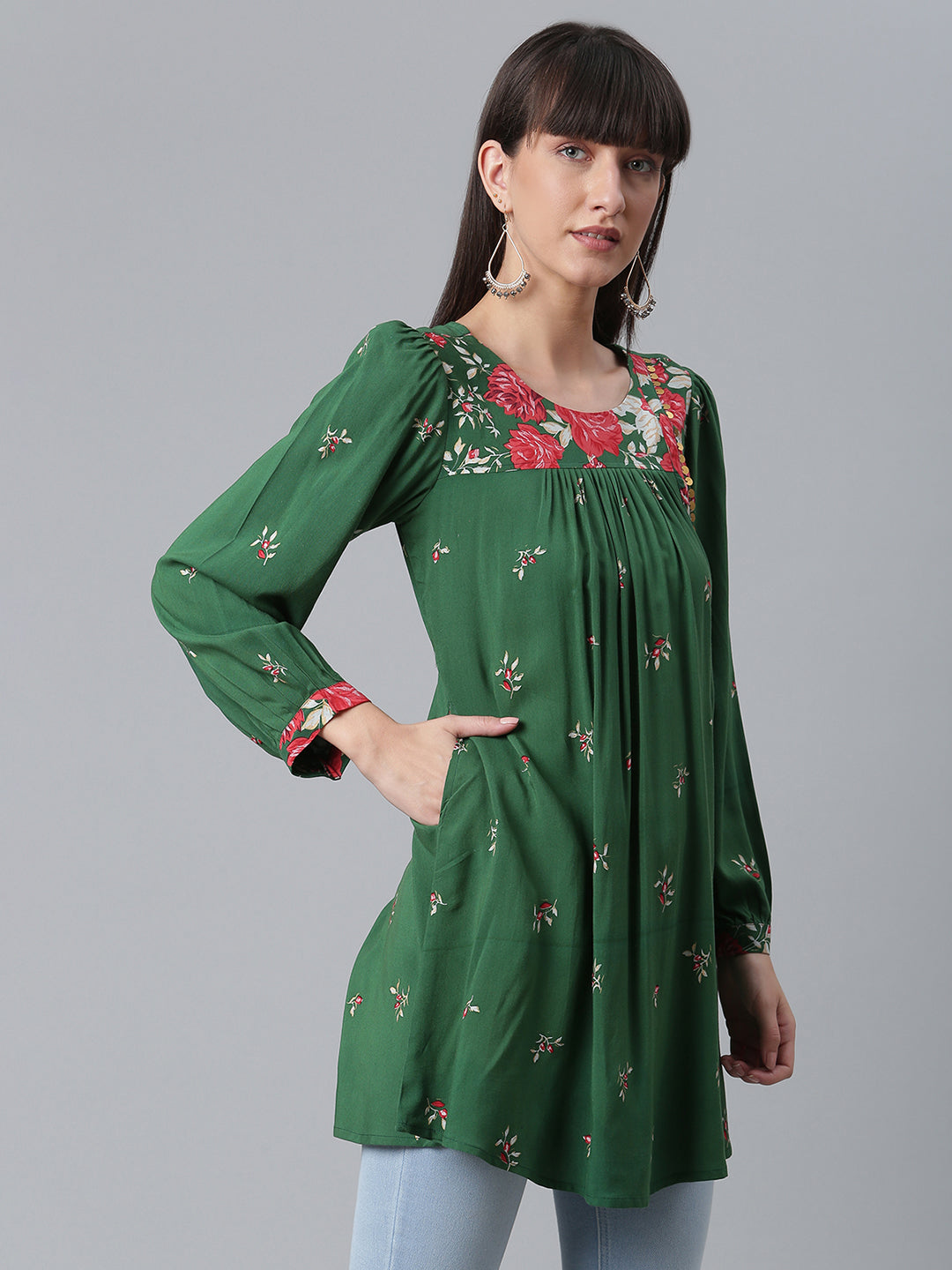 Women's Viscose Rayon Green Wax Printed Western Tunic - Ahalyaa