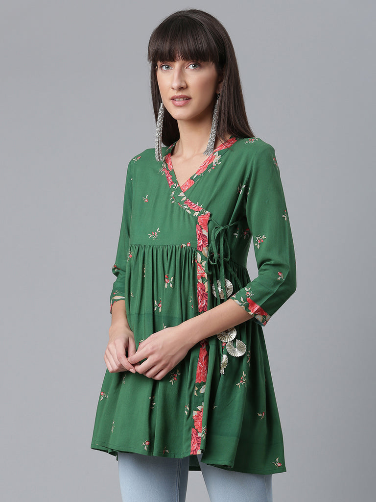 Women's Viscose Rayon Green Wax Printed Western Tunic