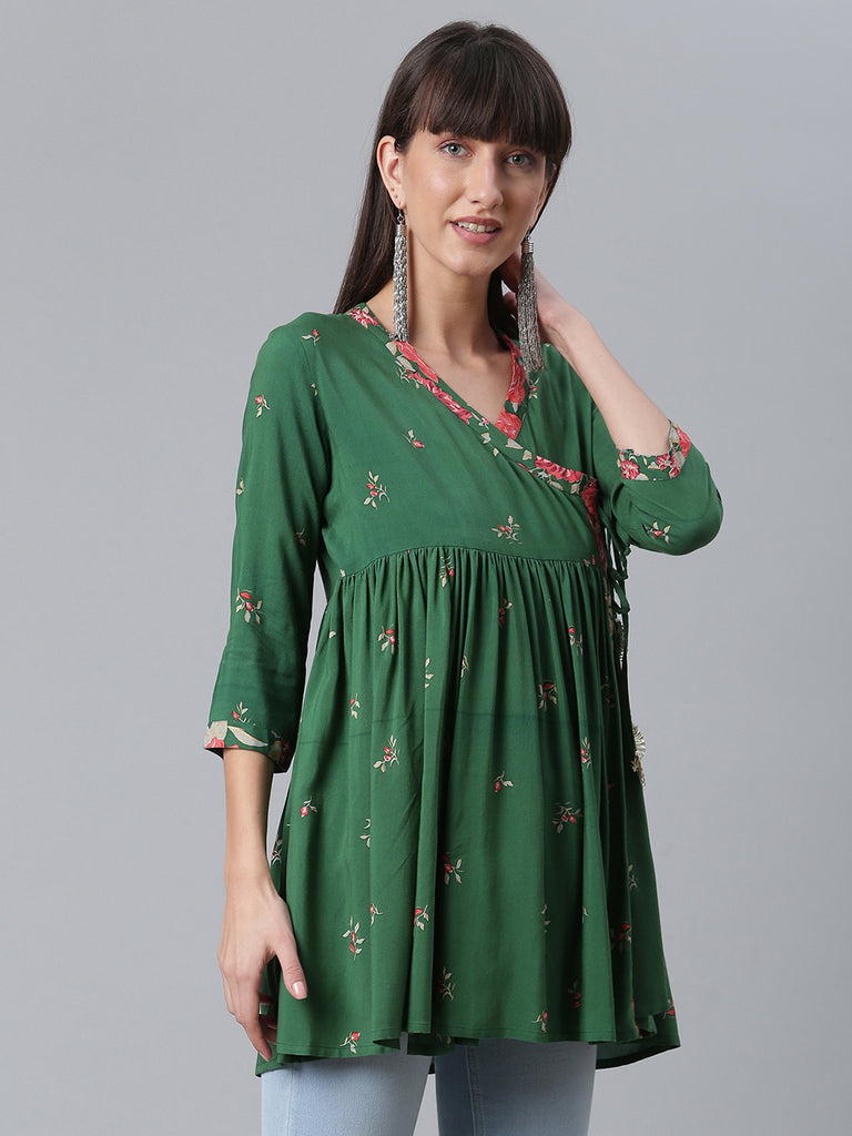 Women's Viscose Rayon Green Wax Printed Western Tunic
