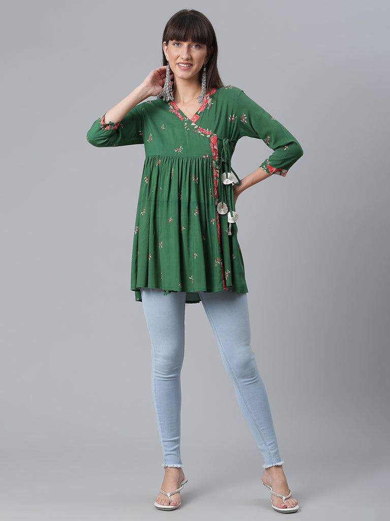 Women's Viscose Rayon Green Wax Printed Western Tunic