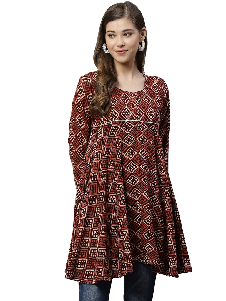 Women's Maroon Rayon Wax Printed Tuni
