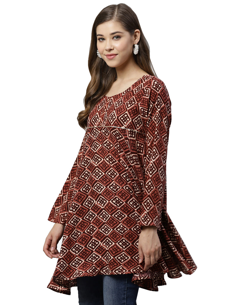 Women's Maroon Rayon Wax Printed Tuni