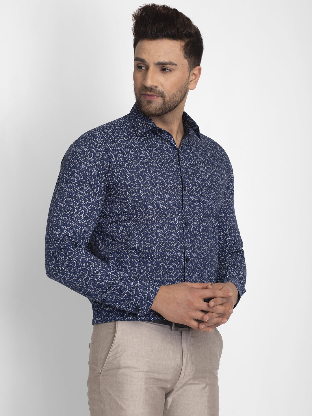 Men's Navy Blue Printed Formal Shirt ( JSF 426Navy ) - Jainish