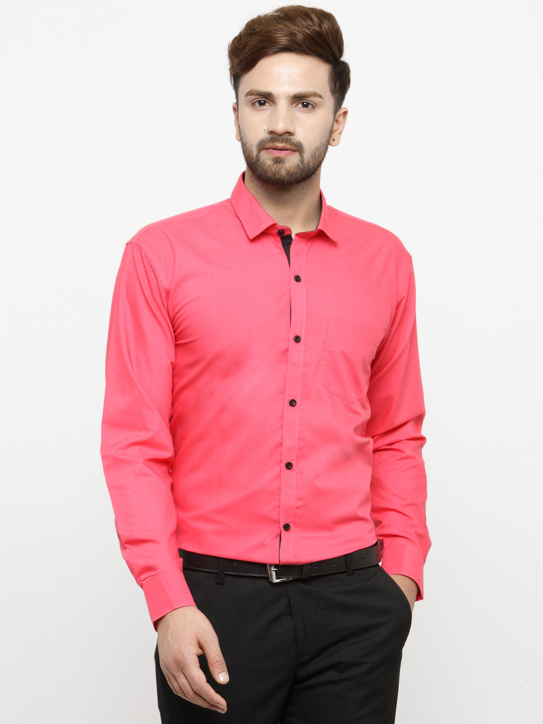 Men's Coral Red Formal Shirt with black detailing ( SF 411Coral ) - Jainish