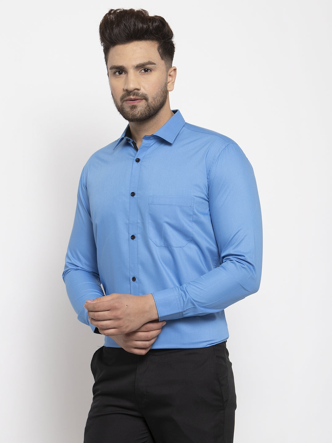 Men's Light Blue Formal Shirt with black detailing ( SF 411Light-Blue ) - Jainish