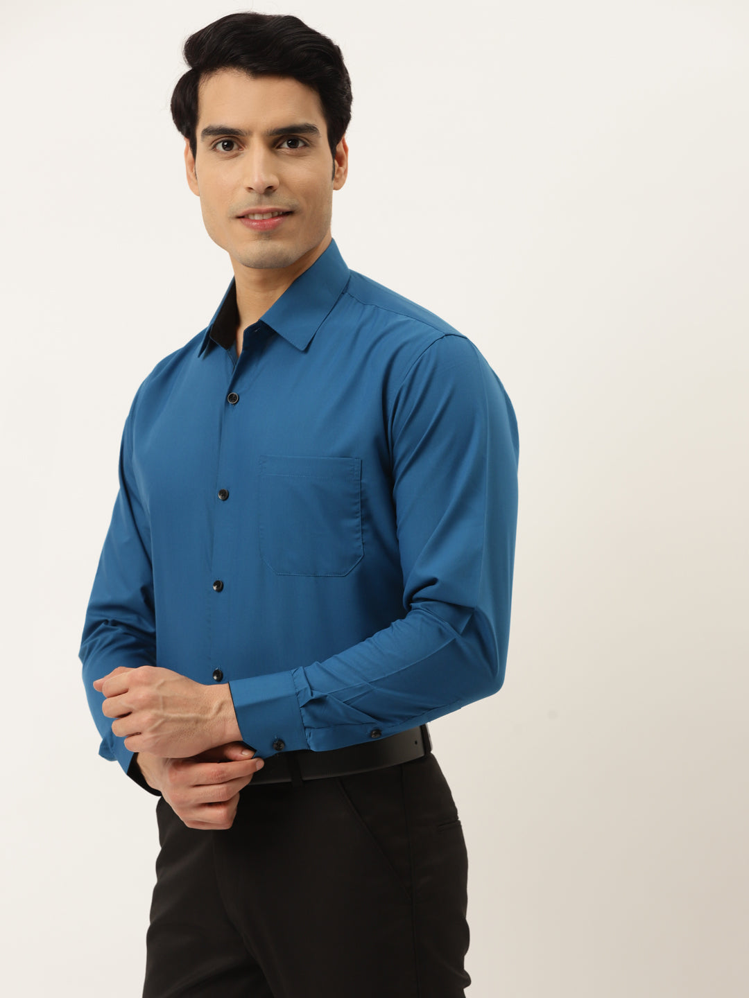 Men's Pecock Green Formal Shirt with black detailing ( SF 411Peacock ) - Jainish