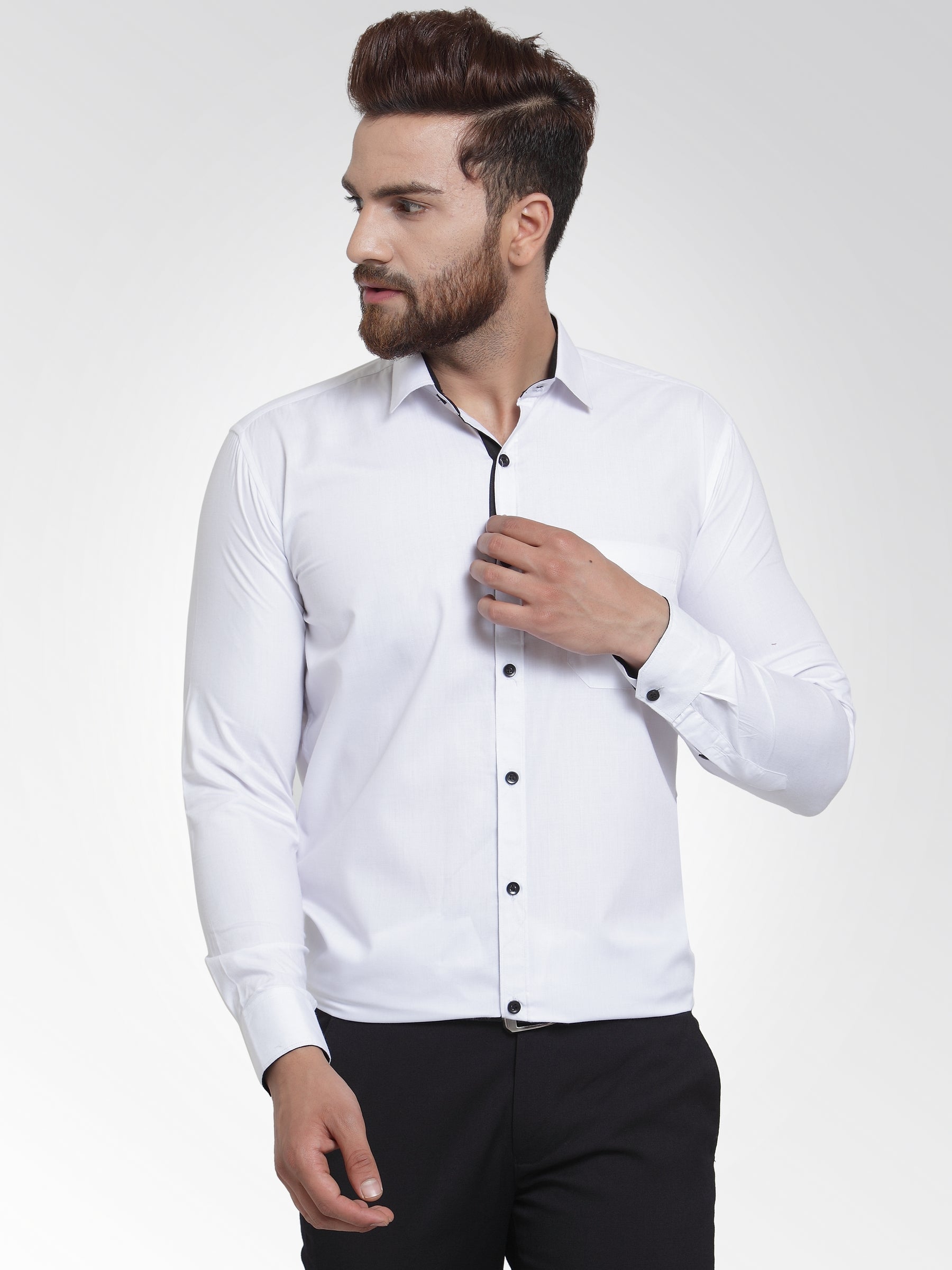 Men's White Formal Shirt with black detailing ( SF 411White ) - Jainish
