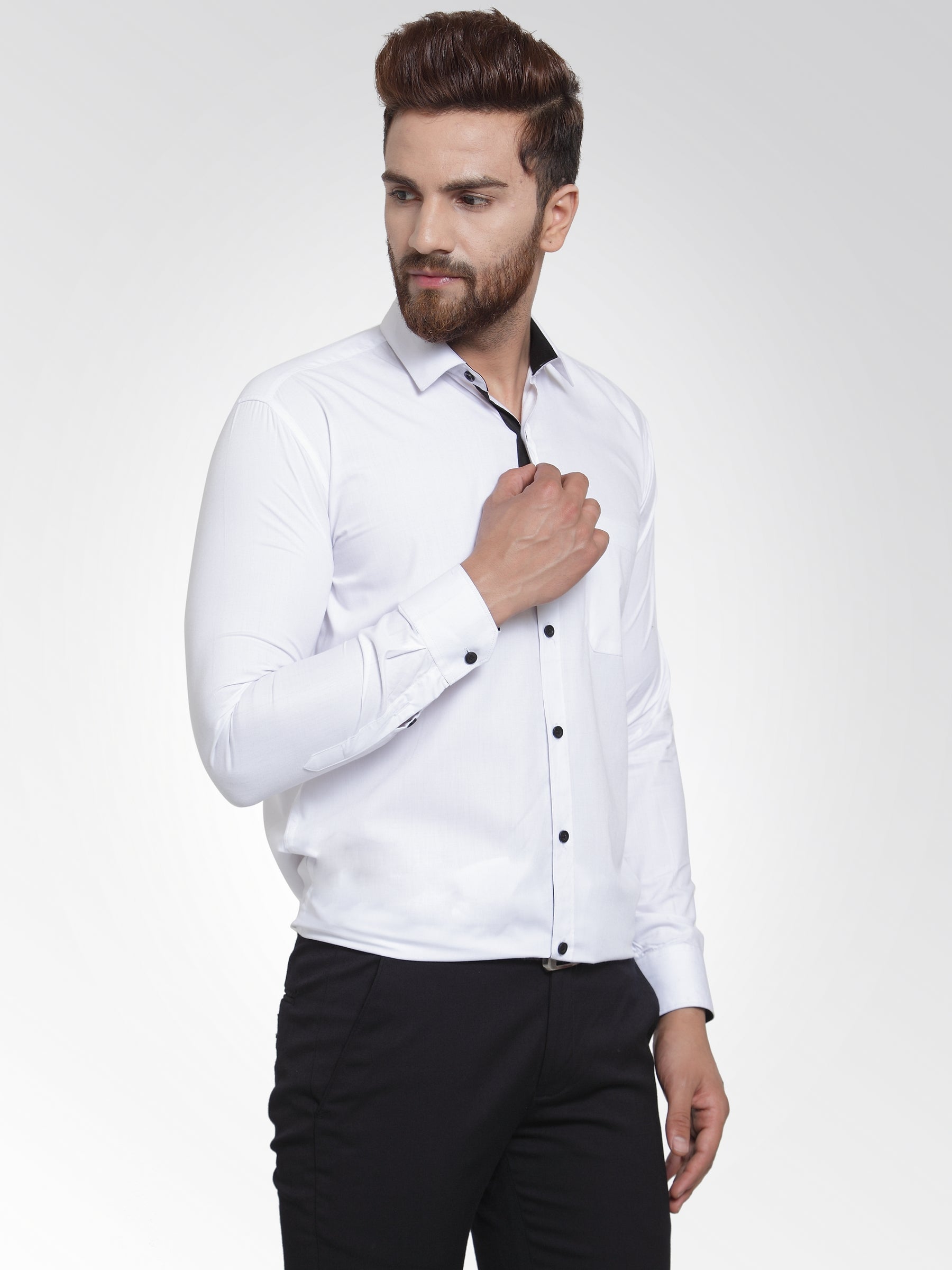 Men's White Formal Shirt with black detailing ( SF 411White ) - Jainish