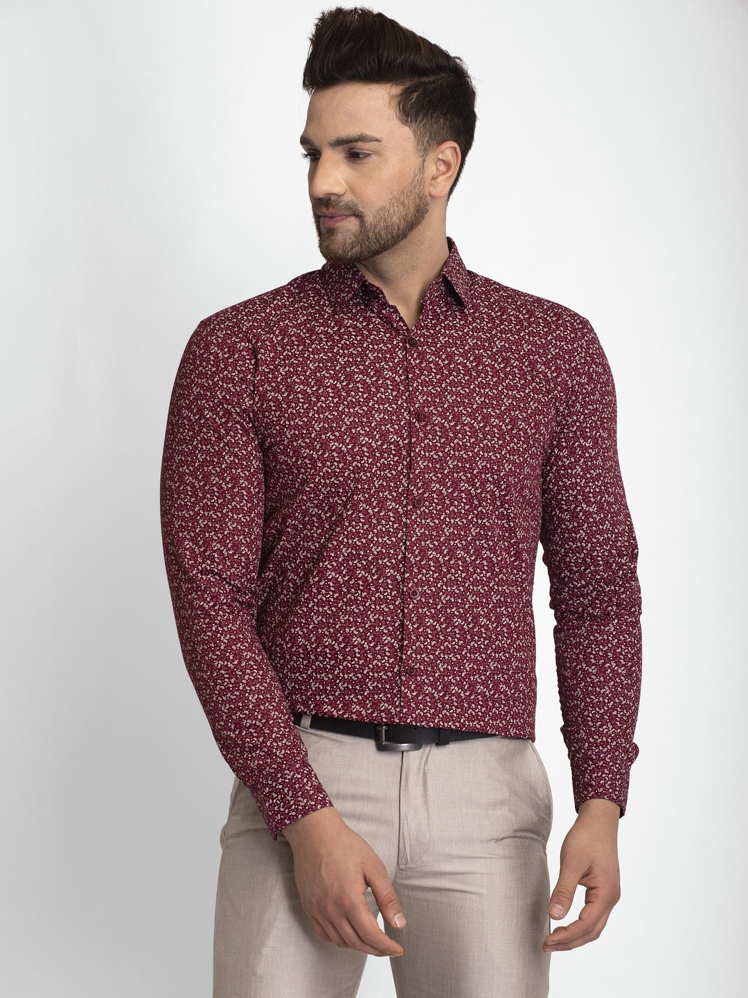 Men's Maroon Printed Formal Shirt ( JSF 426Maroon ) - Jainish
