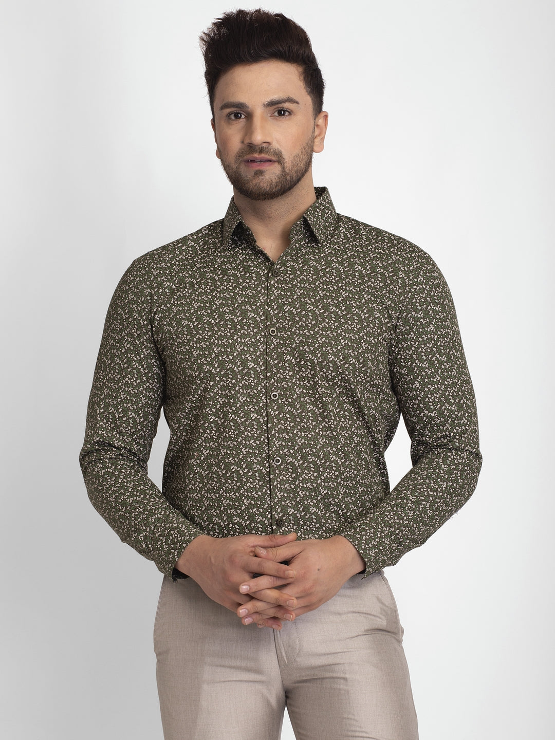 Men's Olive Green Printed Formal Shirt ( JSF 426Olive ) - Jainish