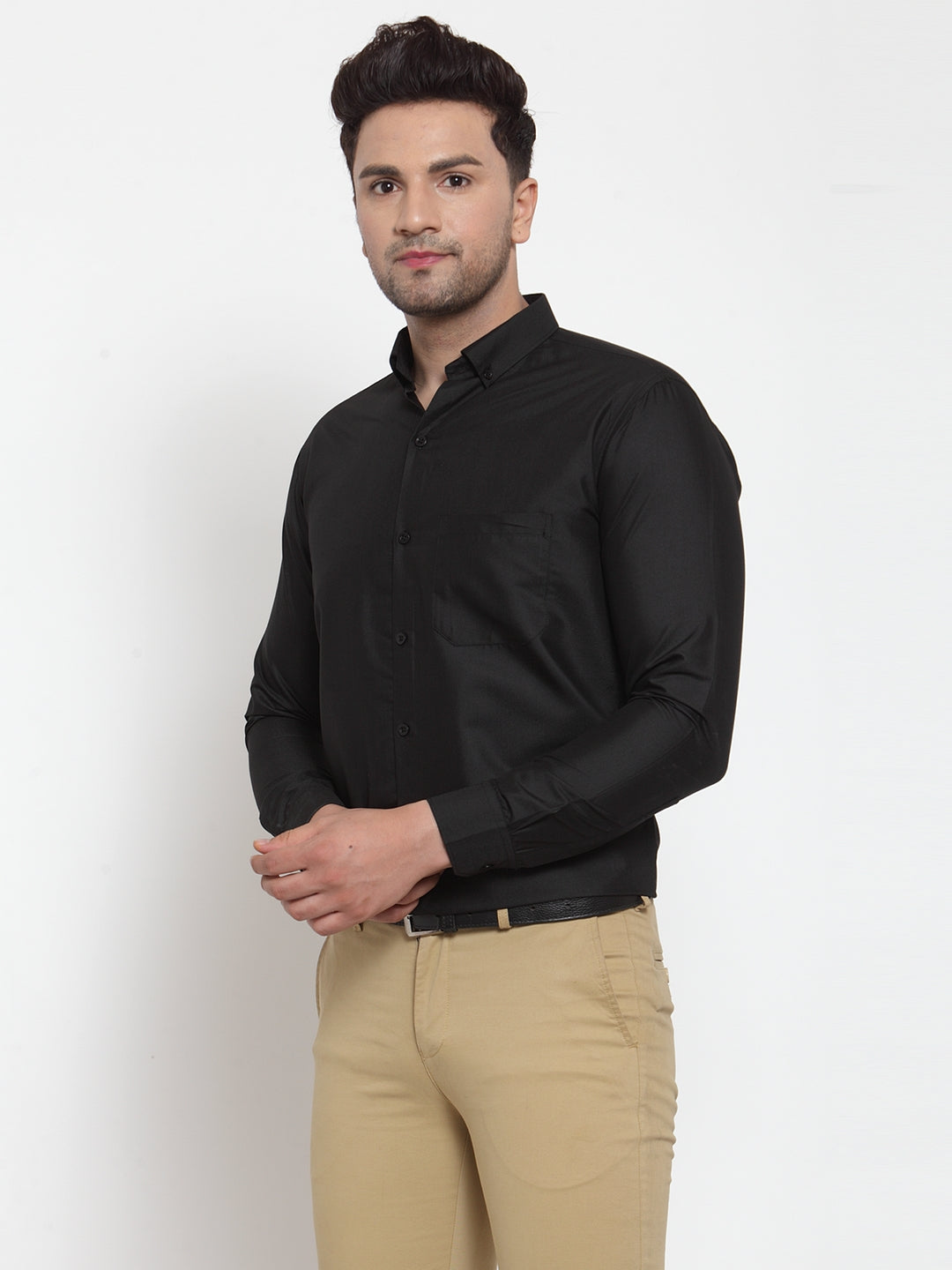 Men's Black Cotton Solid Button Down Formal Shirts ( SF 713Black ) - Jainish