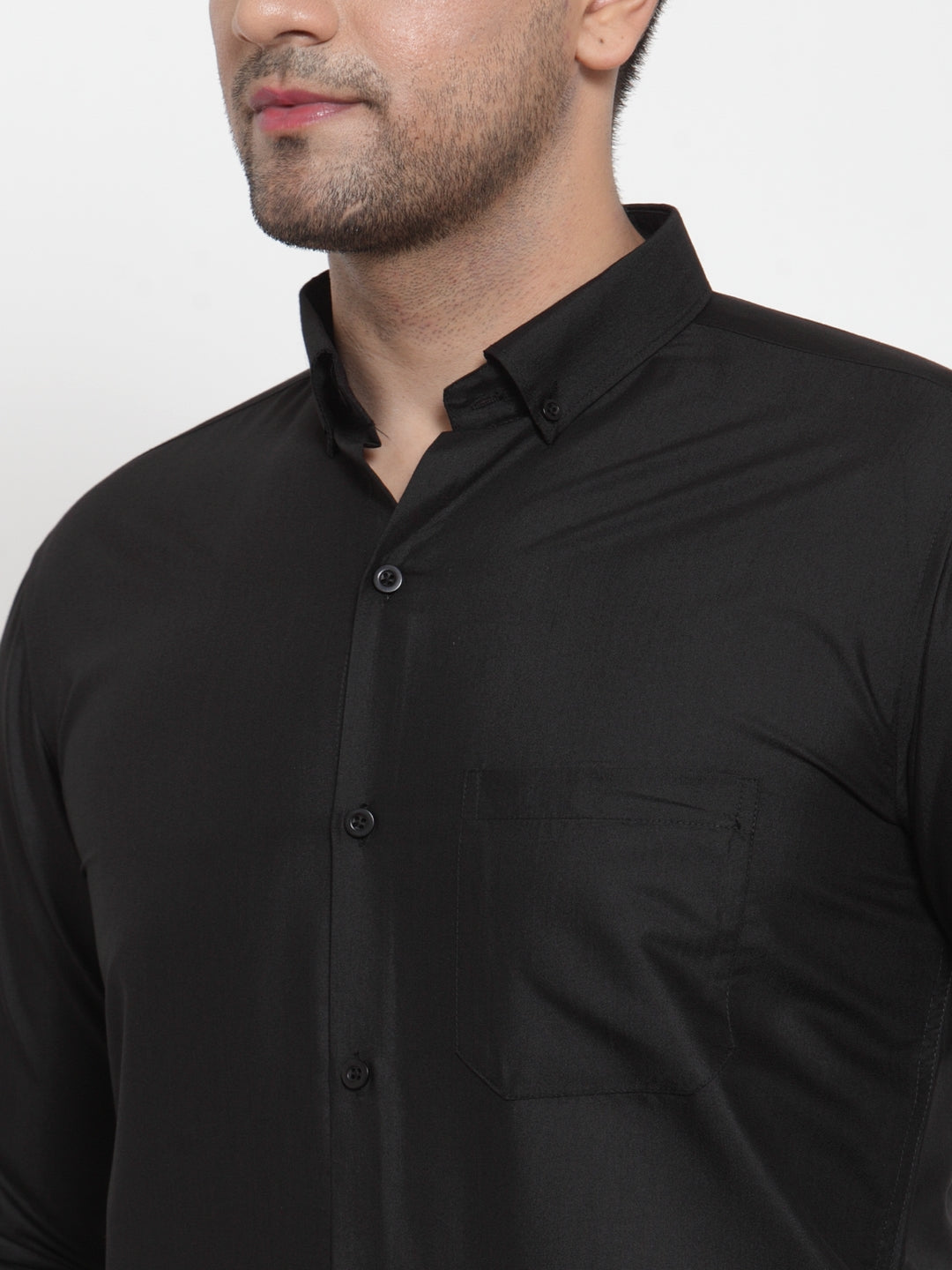 Men's Black Cotton Solid Button Down Formal Shirts ( SF 713Black ) - Jainish