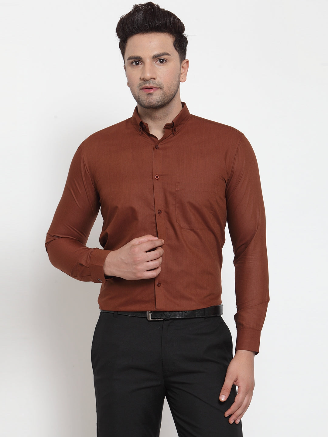 Men's Brown Cotton Solid Button Down Formal Shirts ( SF 713Brown ) - Jainish