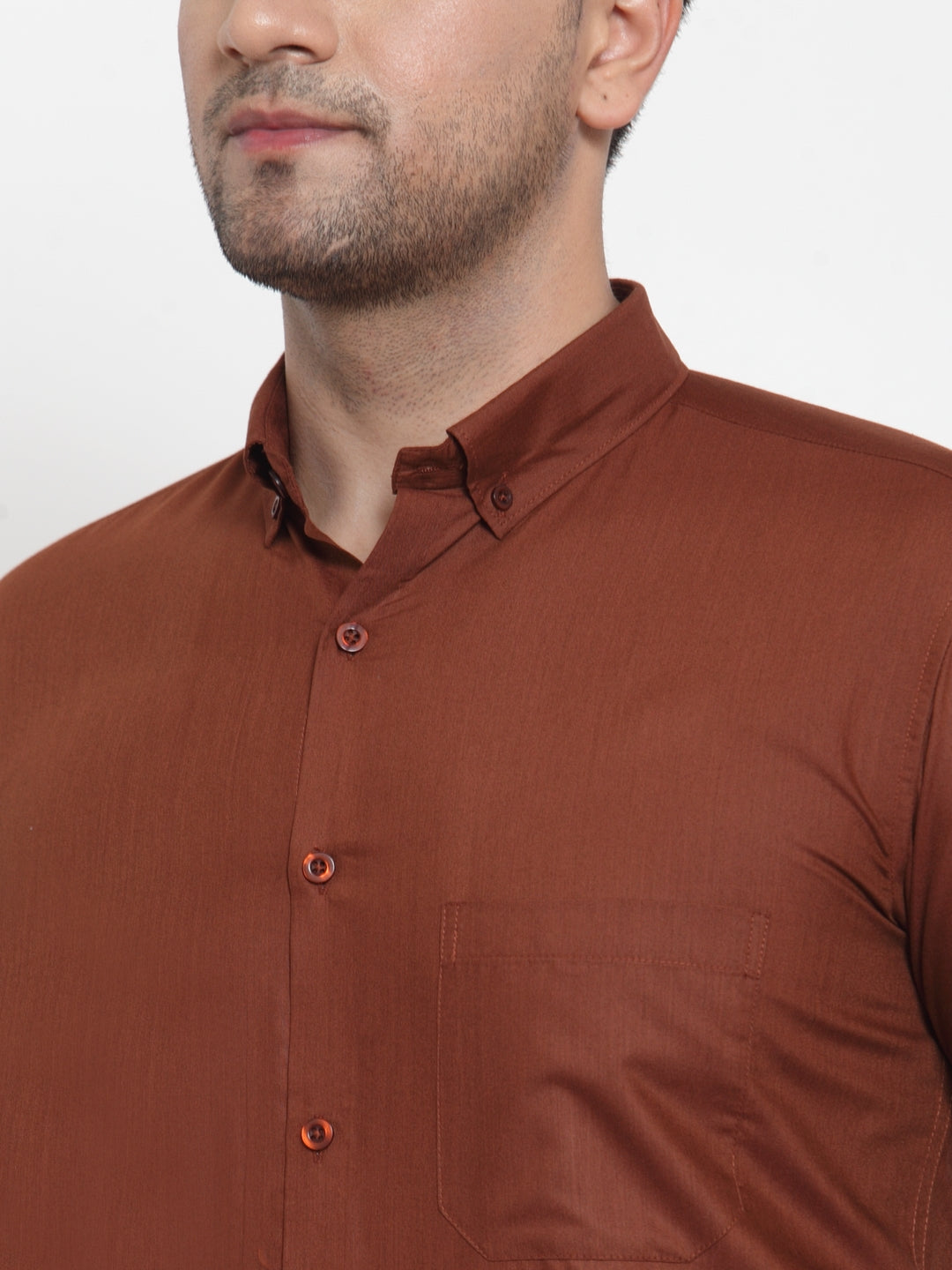 Men's Brown Cotton Solid Button Down Formal Shirts ( SF 713Brown ) - Jainish