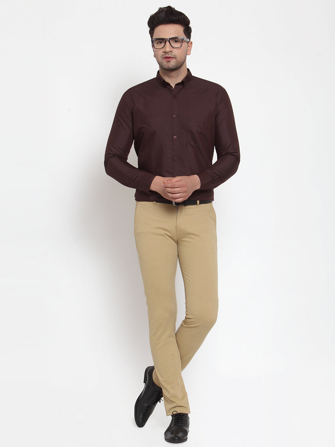 Men's Brown Cotton Solid Button Down Formal Shirts ( SF 713Coffee ) - Jainish