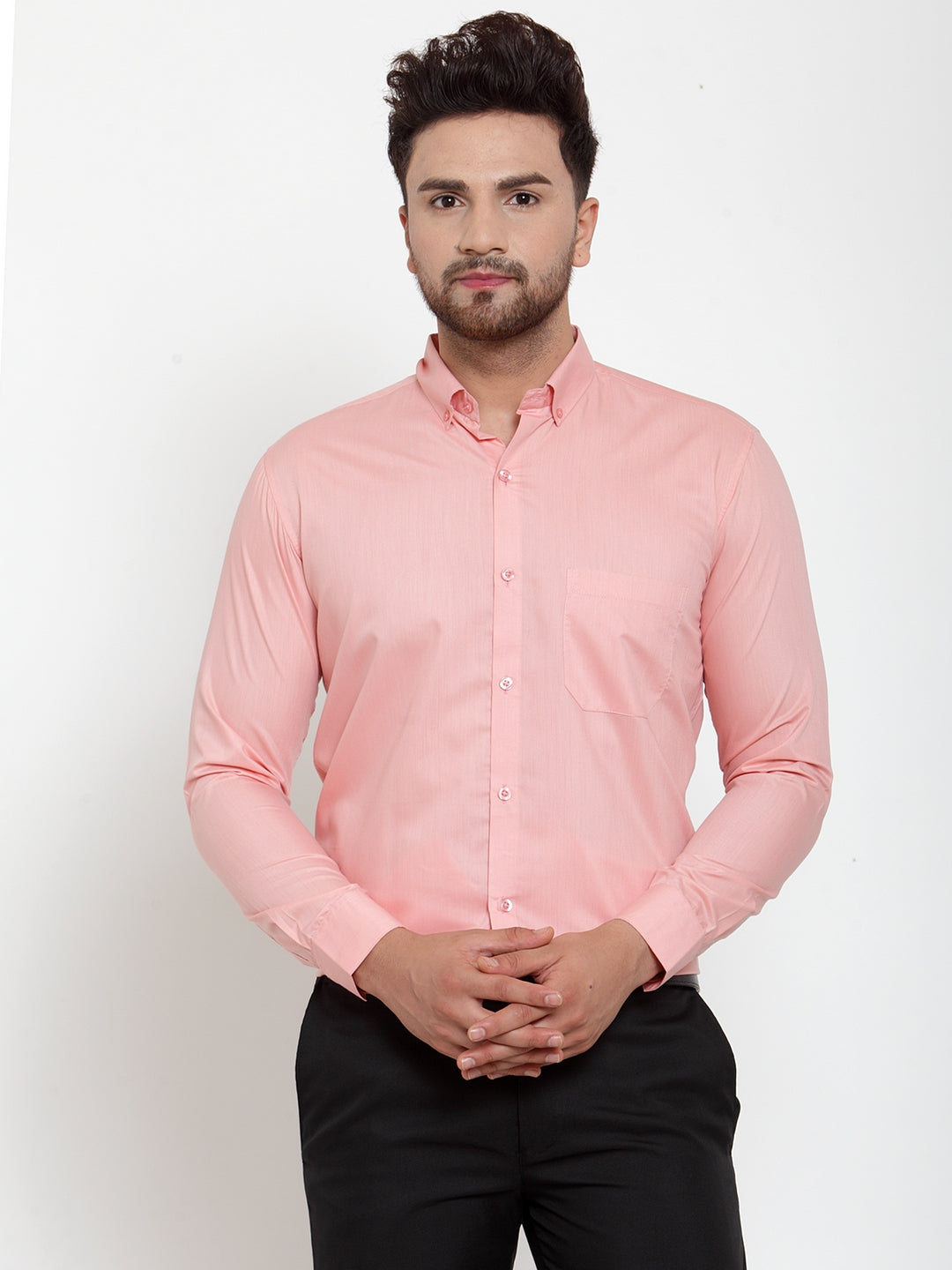 Men's Red Cotton Solid Button Down Formal Shirts ( SF 713Coral ) - Jainish