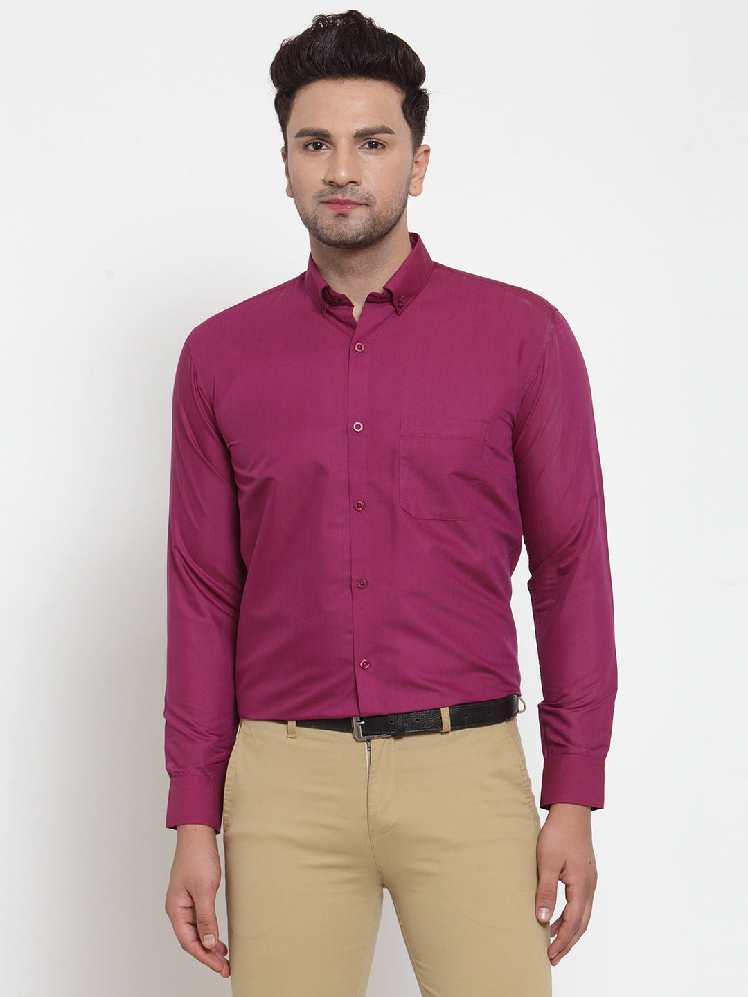 Men's Red Cotton Solid Button Down Formal Shirts ( SF 713Magenta ) - Jainish