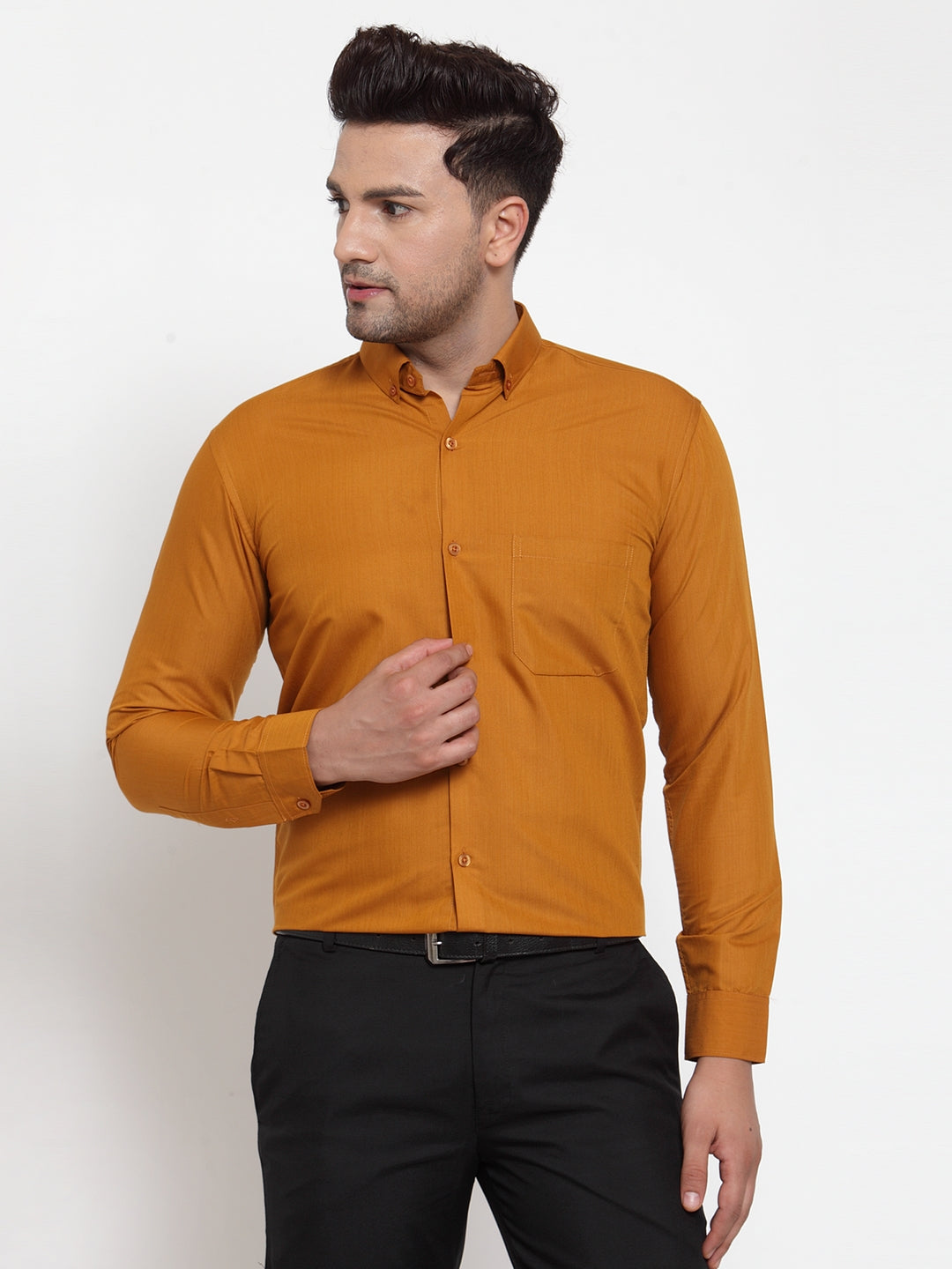 Men's Yellow Cotton Solid Button Down Formal Shirts ( SF 713Mustard ) - Jainish