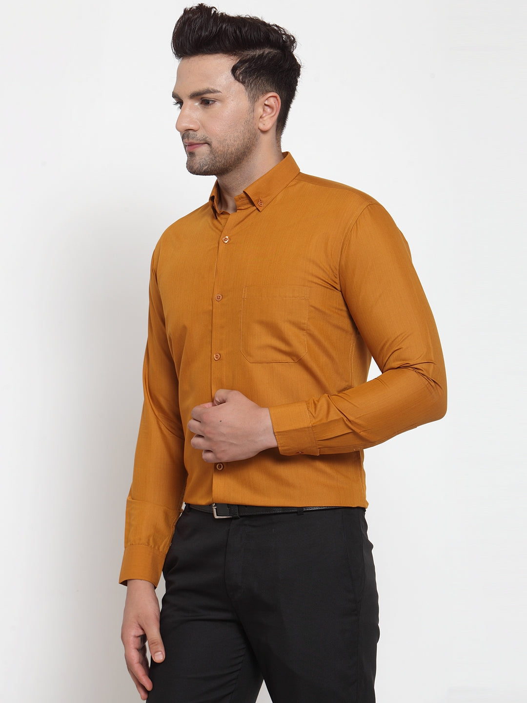 Men's Yellow Cotton Solid Button Down Formal Shirts ( SF 713Mustard ) - Jainish