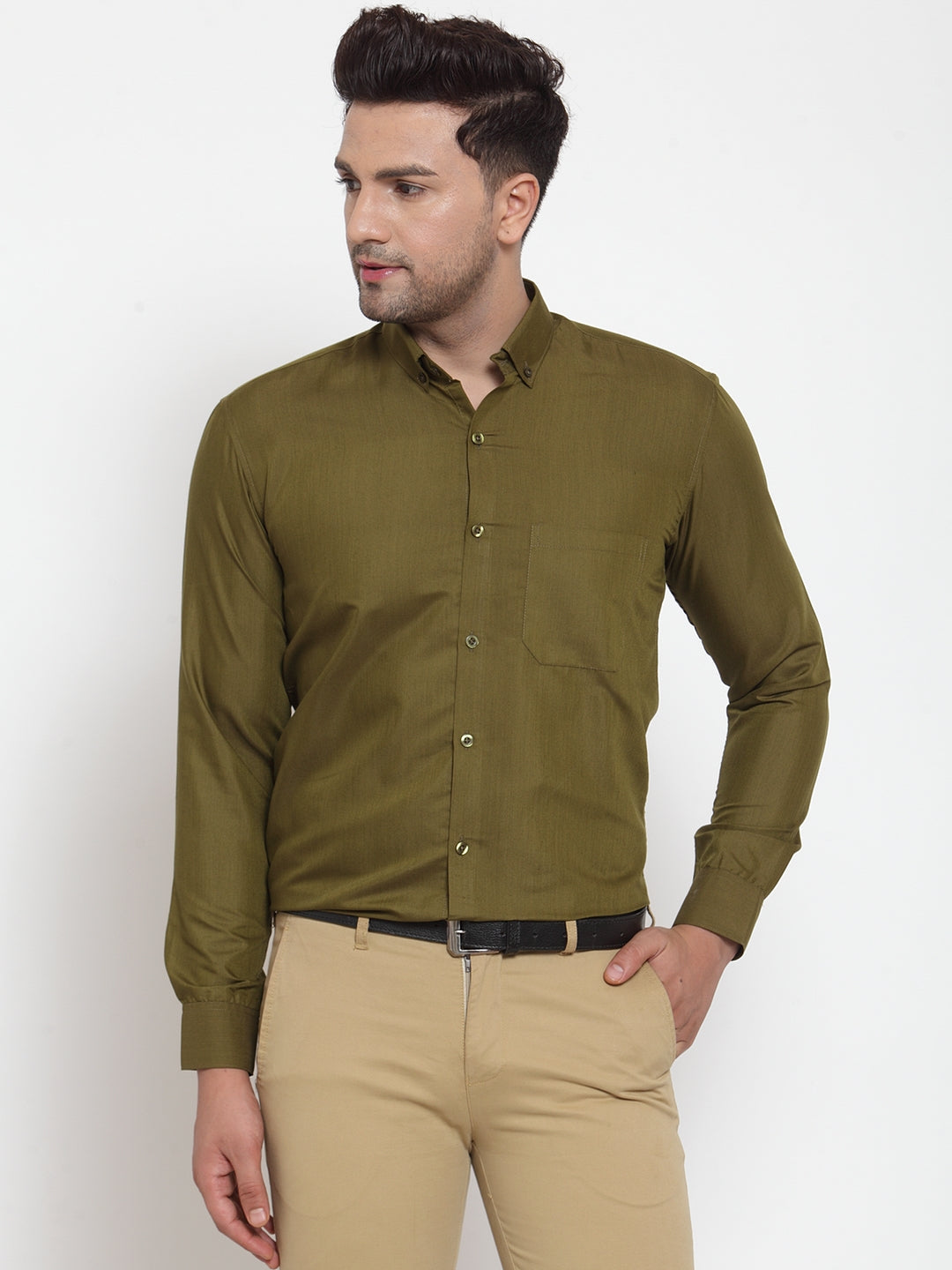 Men's Green Cotton Solid Button Down Formal Shirts ( SF 713Olive ) - Jainish