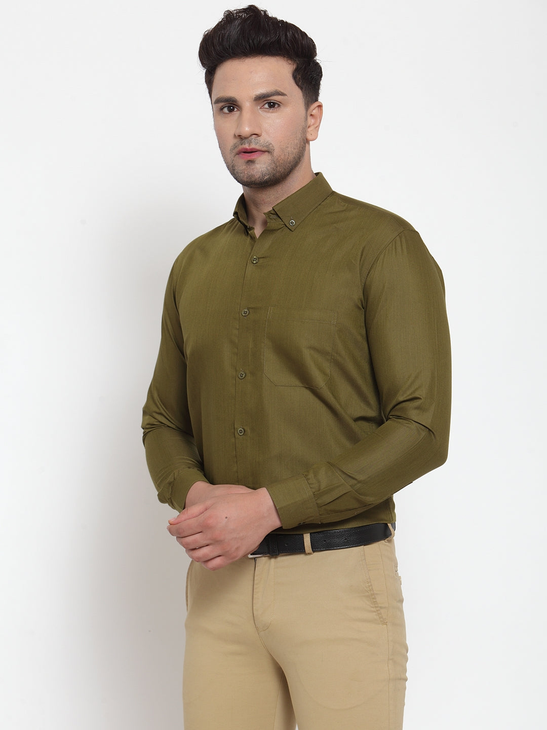 Men's Green Cotton Solid Button Down Formal Shirts ( SF 713Olive ) - Jainish