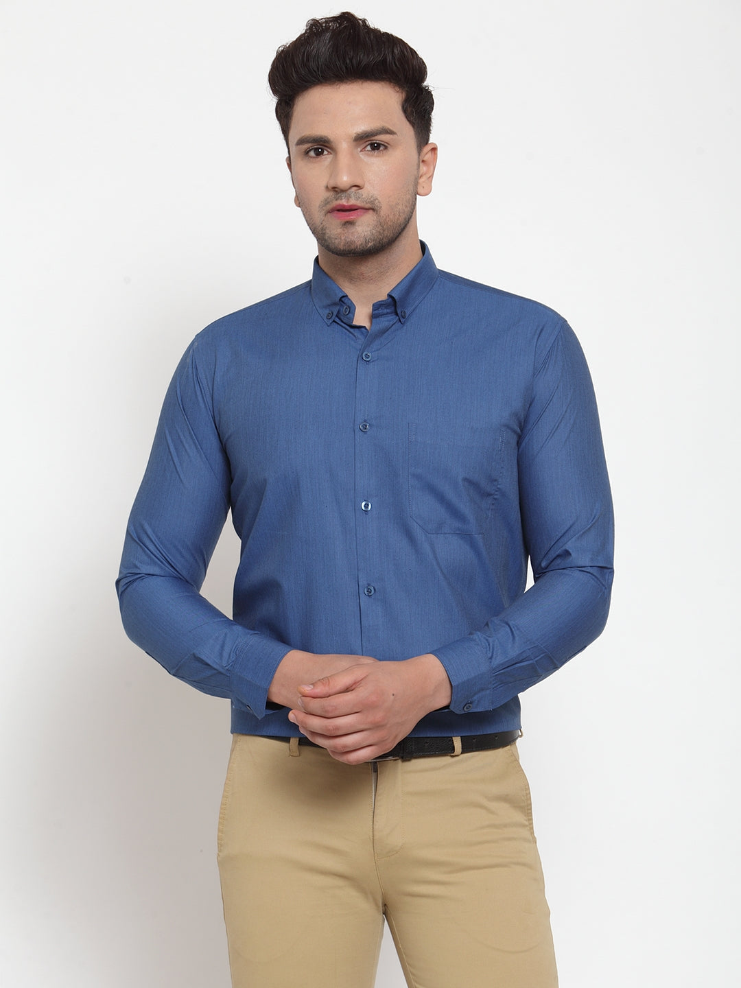 Men's Blue Cotton Solid Button Down Formal Shirts ( SF 713Peacock ) - Jainish