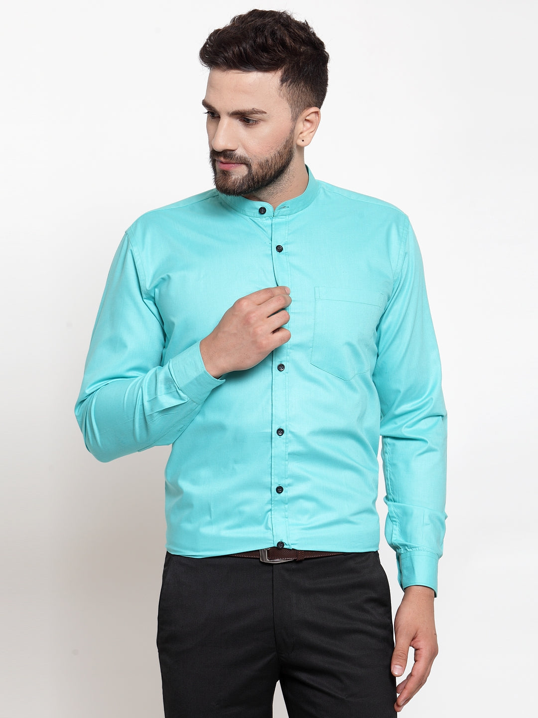 Men's Green Cotton Solid Mandarin Collar Formal Shirts ( SF 726Aqua ) - Jainish