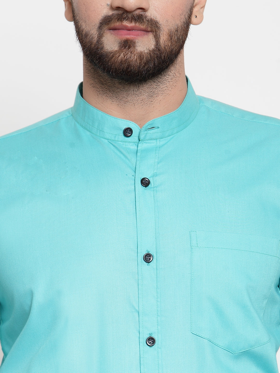 Men's Green Cotton Solid Mandarin Collar Formal Shirts ( SF 726Aqua ) - Jainish