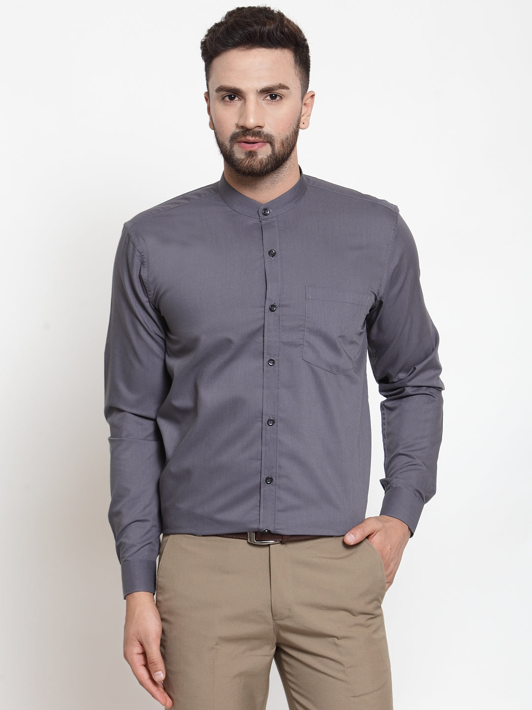 Men's Grey Cotton Solid Mandarin Collar Formal Shirts ( SF 726Grey ) - Jainish
