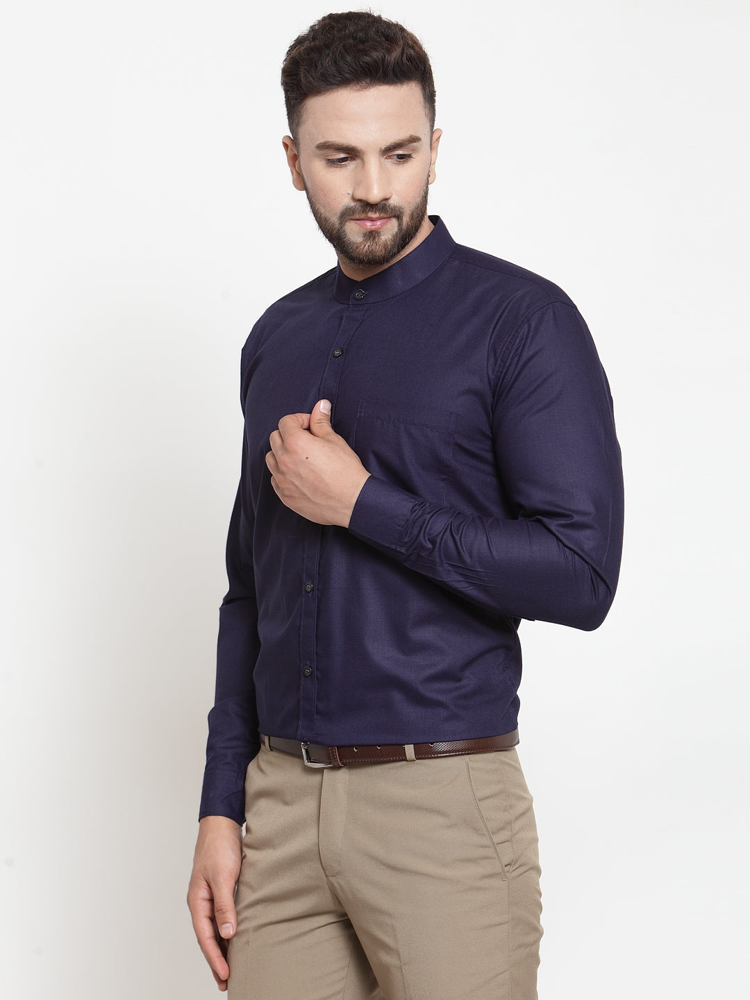 Men's Navy Cotton Solid Mandarin Collar Formal Shirts ( SF 726Navy ) - Jainish
