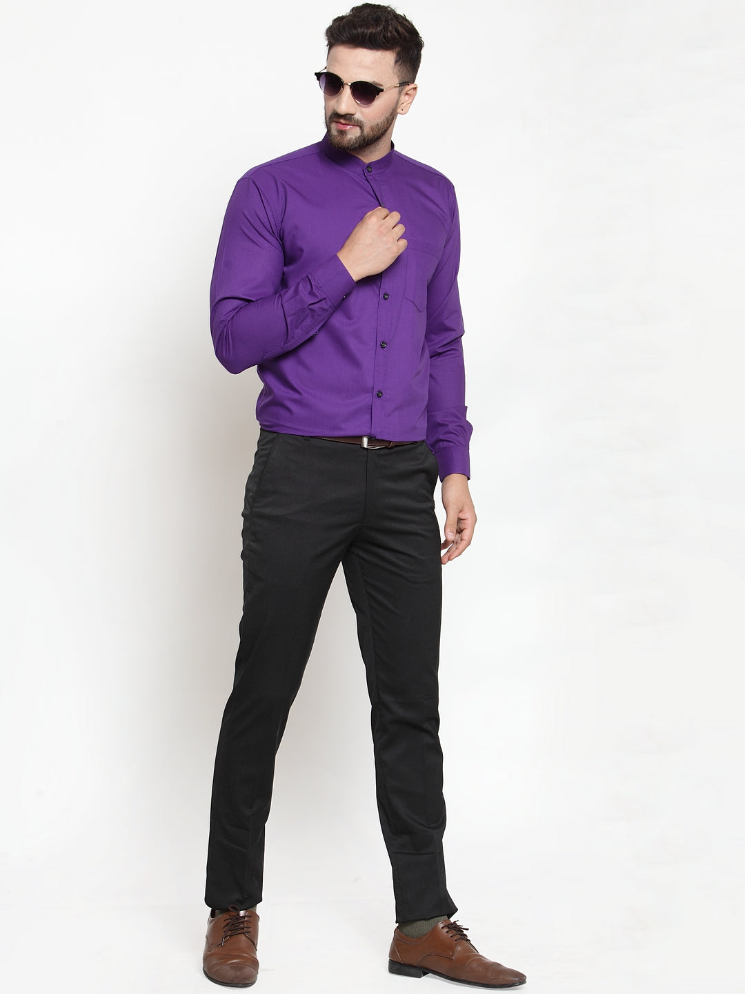 Men's Purple Cotton Solid Mandarin Collar Formal Shirts ( SF 726Purple ) - Jainish