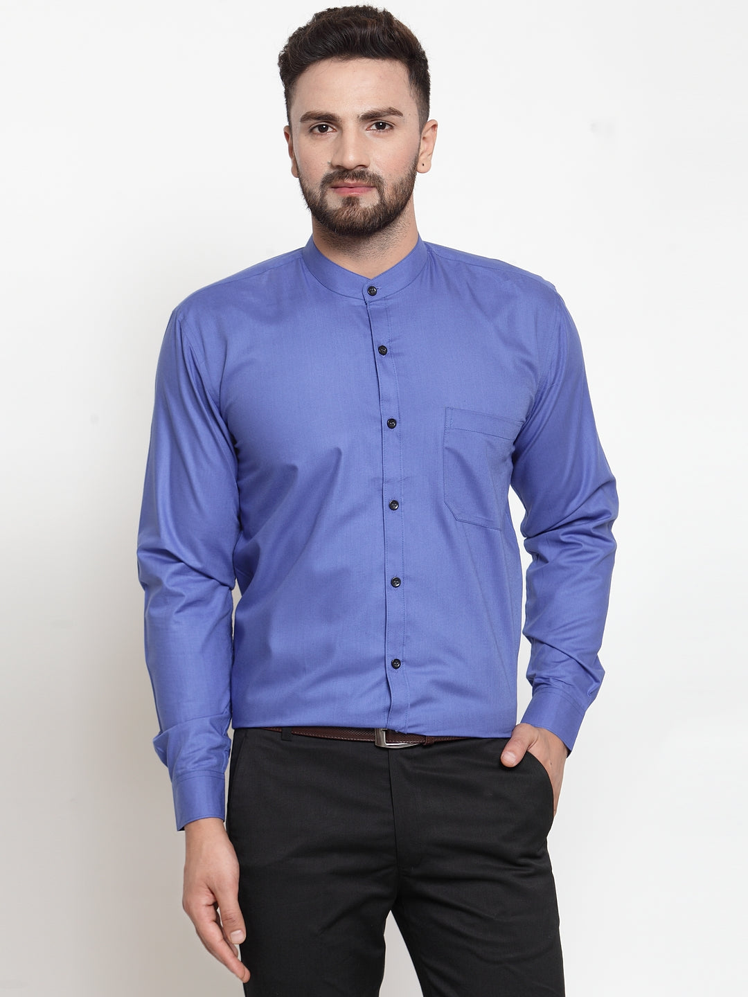 Men's Blue Cotton Solid Mandarin Collar Formal Shirts ( SF 726Royal-Blue ) - Jainish