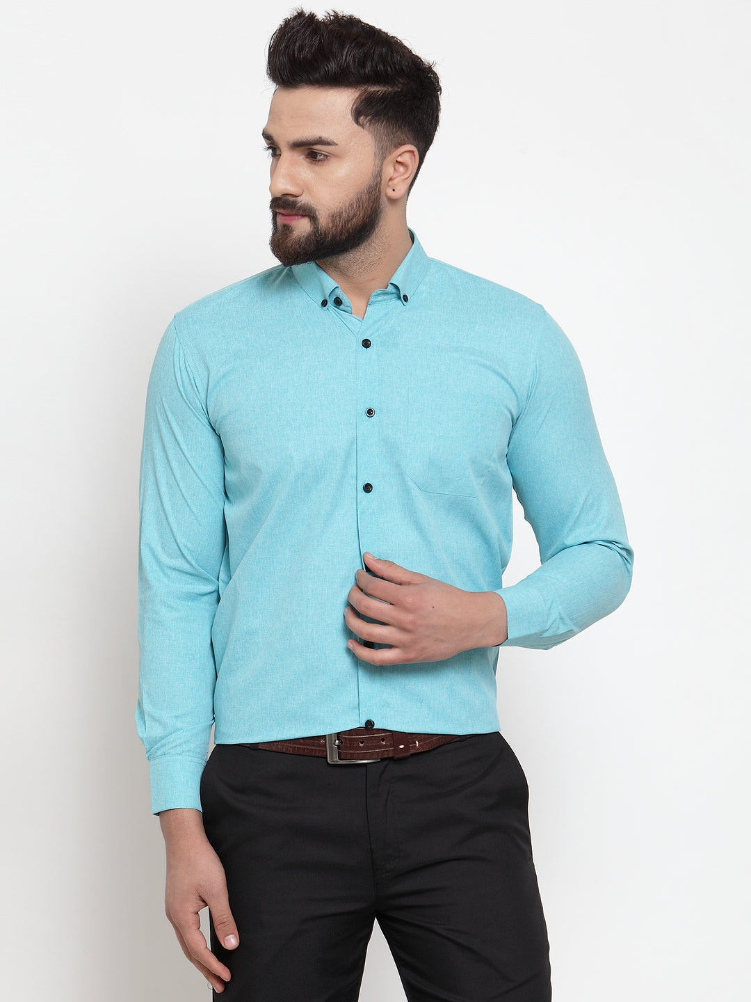 Men's Green Cotton Solid Button Down Formal Shirts ( SF 734Aqua ) - Jainish