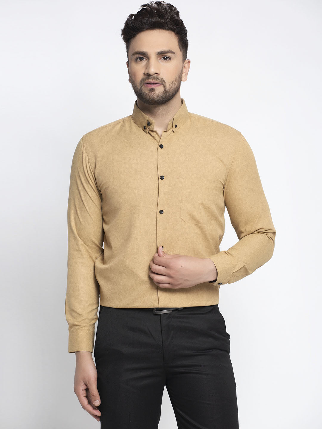 Men's Beige Cotton Solid Button Down Formal Shirts ( SF 734Beige ) - Jainish